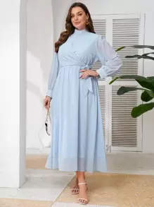 SHEIN Frenchy Plus Size Women's Long Sleeve Elegant Dress,Sky Blue Stand Collar Side Knot Pastel Spring Autumn Solid Color Wedding Bridal Dress - Blue - View 9