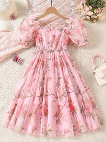 Vestido de princesa con estampado floral elegante y mangas abullonadas para niñas preadolescentes, para verano - Rosa - Ver 3