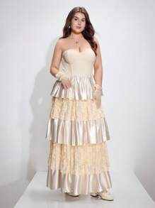 SHEIN MOD Váy ren thêu ren hở ngực cỡ lớn - Màu be - Xem 3