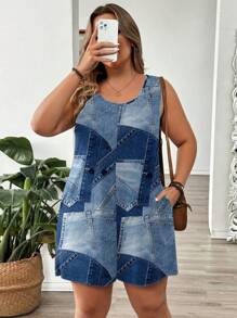 EMERY ROSE Casual Patchwork Print Plus Size Jumpsuit, Suitable For Spring/Summer Outings Suitable For Going Out - Multicolor - View 8