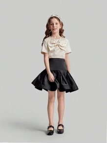 Maija Kids Maija Kids Black Satin Tween Girl Flared Skirt With Elevated Ruched Design, Elegant & Versatile For Outgoing, Spring/Summer - Black - View 2