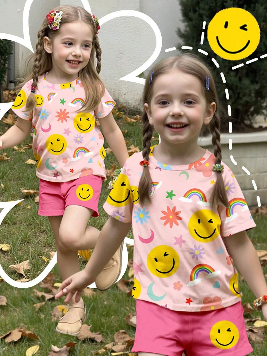 SHEIN Leap Crew 2 pezzi/set Ragazza giovane, maglietta a maniche corte con stampa floreale e arcobaleno, e pantaloncini casual semplici, adatti per l'estate - Multicolore - Visualizzare 1