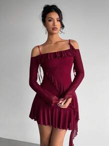 Aloruh 女士性感浪漫荷叶边修身酒红色度假/约会晚礼服优雅节日装女士浪漫连衣裙女士红色连衣裙 - 酒紅色 - 查看 7