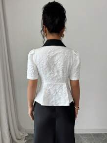 Elenzga Women's Contrast Color Floral Jacquard Short Puff Sleeve Blouse - White - View 2