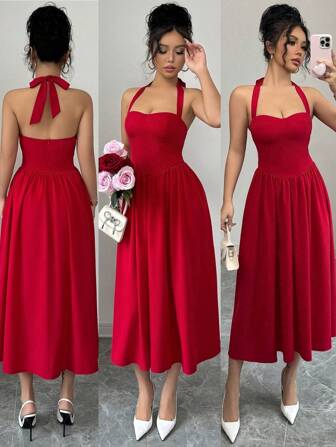 Rafferiza Fashionable & Versatile Tie-Up Halter Backless Flared Dress, Suitable For Dating, Party, Red Color