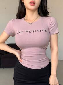 DAZY Women's Letter Print Round Neck Short Sleeve Fitted Ribbed T-Shirt - Purple - View 2