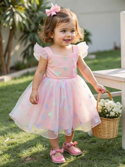 SHEIN Baby Girls Mesh Partywear Features Flutter Sleeves Made Of 3D Butterfly Netting, With Bowknot Decorations And A Matching Bow Hairband,Elegant, Beautiful, Cute Dresses