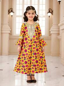 Young Girl Ditsy Floral Flare Sleeve Vacation Casual Dress - Yellow - View 1