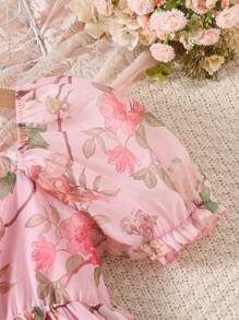 Vestido de princesa con estampado floral elegante y mangas abullonadas para niñas preadolescentes, para verano - Rosa - Ver 6