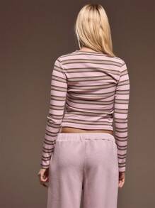 MUSERA Camiseta de manga larga con cuello redondo, rayas y botones a presión, elegante, ideal para ocasiones especiales, con estampado de rayas pastel, perfecta para el otoño, el invierno y la Navidad