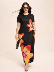 SHEIN LUNE Plus Size Floral Print Dress, Casual Holiday Style Summer Outfits For Women Maxi Dresses For Women Office Outfits For Women Boho/Bohemian,Resort Dresses, 
 Outdoor Essential For Daily Wear Sundress