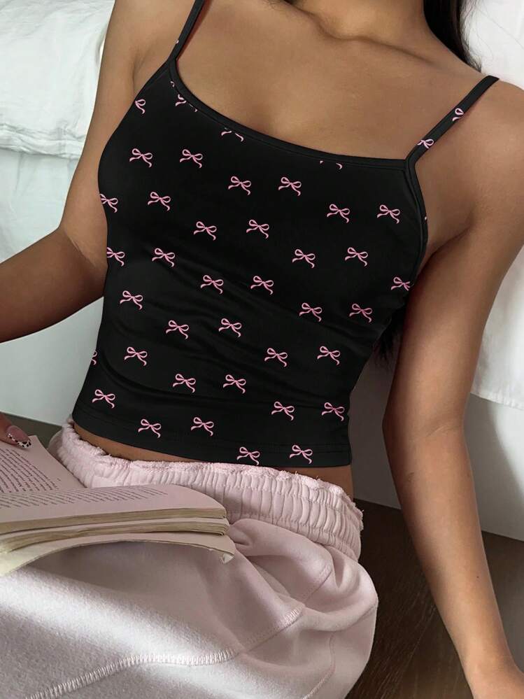 SHEIN EZwear Cute Pink Bow Decorated Casual Sexy Camisole Tank Top Suitable For Going Out - White - View 3
