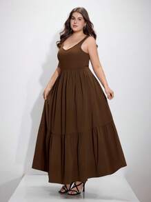 SHEIN MOD Vestido casual largo con estilo de resort vintage color marrón para tallas grandes, vestido de primavera y verano