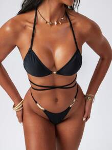 SHEIN Swim Springbreak 性感金属装饰抽绳系带前上衣和高腰短裤两件套泳衣套装，夏季