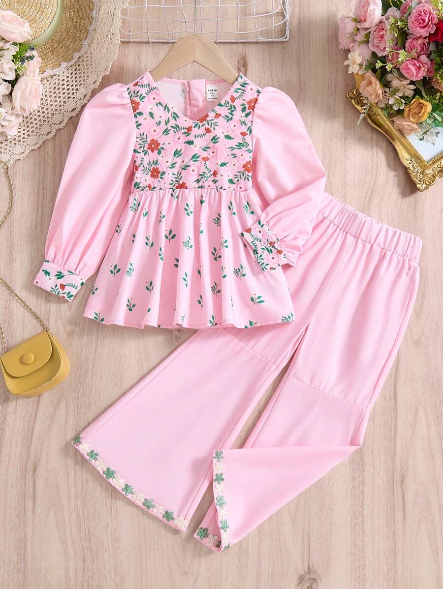 2 Pieces Girls Floral Embroidery Long Sleeve Top And Pants Set, Pink - Pink - View 1