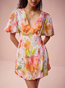 Enchnt Vestidos cortos de mujer con estampado floral, escote en V, mangas abultadas e imitación de lino, románticos y elegantes para el Día de San Valentín, vacaciones, citas dulces y uso diario - Naranja - Ver 5
