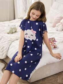 SHEIN Camisón de manga corta suave, azul, cómodo y bonito con estampado de nubes y lunares, para niñas - Azul - Ver 4