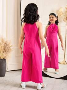 SHEIN Young Girl's Sleeveless Jumpsuit With Elegant Organza 3D Floral Decoration & Stand Collar