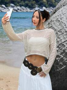 SHEIN EZwear Maglione a maniche lunghe lavorato a maglia da donna per spiaggia, casual e alla moda, adatto per uso quotidiano - Albicocca - Visualizzare 3