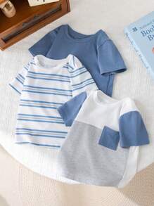 3pcs Set Baby Boys/Girls Casual Round Neck Short Sleeve Blue Striped & Solid Color Knit T-Shirts, Multi-Color, Suitable For Spring And Summer, Indoor And Outdoor Wear
