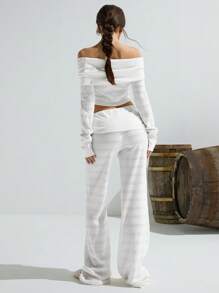 Athîral Women Casual Solid Color One-Shoulder Long Sleeve Top And Long Pants 2 Pieces Set - White - View 1