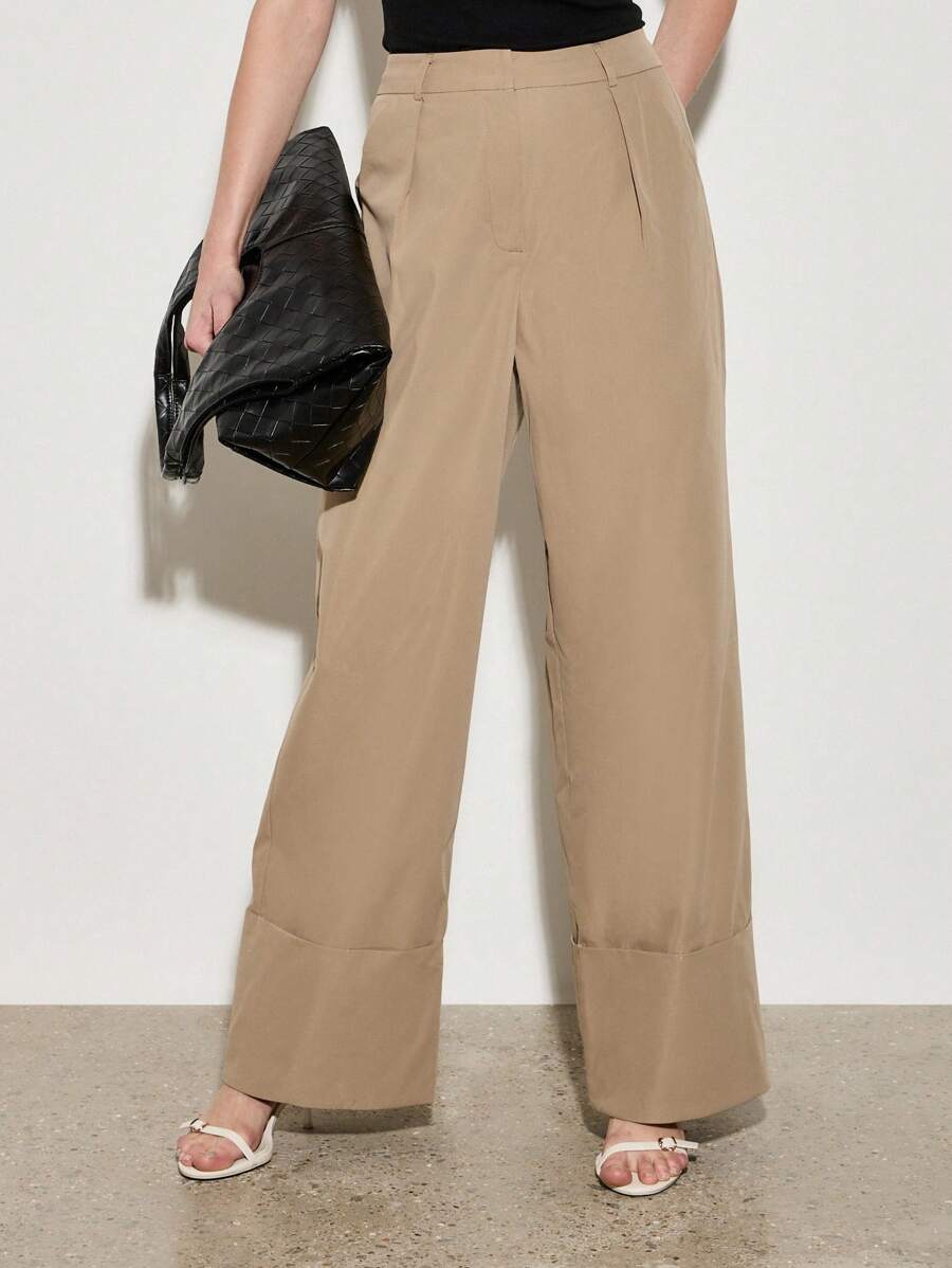 AiiRZ 奢华阔腿设计师长裤，带超大翻边裤脚细节，专业商务办公裤，正式工作服下装，秋冬 - 棕色 - 查看 1