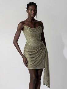 Elitara Elegant Light Military Green Tube Heavy Industry Three-Dimensional Sequins, Swung Collar, Side Gold, Detachable Three-Dimensional Flower Diamond Decoration, Front Pleats, Side Drape, Short Hip Bag, Holiday Date, Single Music Party, Wedding Event, Graduation Homecoming Season Party Gown, Wedding Guest Cocktail Dress