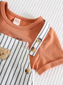 Cozy Pixies Set de 2 piezas para bebé niño: Top de manga corta de cuello redondo suave con estampado de oso de dibujos animados y peto corto tipo tirantes