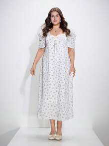 SHEIN MOD Kleid mit Blumenprint in Retro-Stil, Schleife und Ballonärmeln, Große Größen - Verschiedenfarbig - Übersicht 6