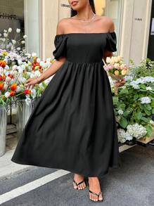 SHEIN EZwear 大码休闲黑色泡泡袖连衣裙 - 黑色 - 查看 5