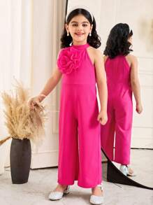 SHEIN Young Girl's Sleeveless Jumpsuit With Elegant Organza 3D Floral Decoration & Stand Collar
