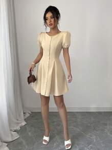 Elenzga Rochie casual, simplă, de culoare solidă, cu mâneci bufante - Caisă - Vizualizare 4