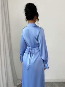 Elenzga 女士优雅通勤休闲舒适假日 V 领不对称腰带纯色缎面设计长裙 - 藍色 - 查看 2