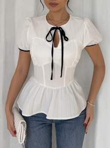 Chiquease Women Casual Hollow Out Collar Contrast Color Ruffle Hem Fitted Cute Short Sleeve Blouse - White - View 3