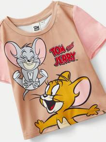 TOM & JERRY X SHEIN Baby Girl Cute Cartoon Print Pink Khaki Casual Short Sleeve T-Shirt - Multicolor - View 5