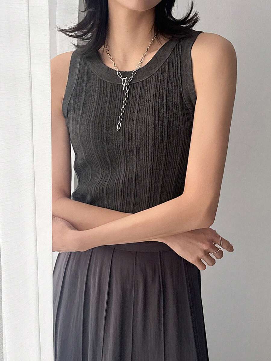 FRIFUL Áo ba lỗ gân đi làm cho nữ, áo ba lỗ dệt kim bó sát không tay để mặc nhiều lớp - Xám - Xem 1