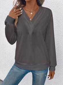 SHEIN LUNE Solid V Neck Sweatshirt Pullover Fall Sweatshirt - Dark Grey - View 4