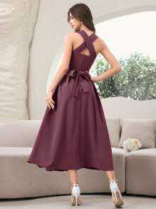 Modelyn Đầm suông không tay thắt eo màu trơn thanh lịch cho nữ - Màu hồng gỉ - Xem 2