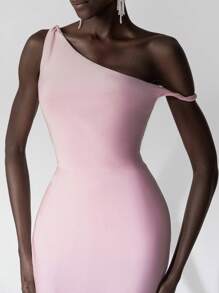 SHEIN Belle 不对称领口美人鱼下摆优雅粉色伴娘礼服 - 粉色 - 查看 3