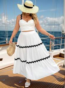 SHEIN VCAY Plus Size Black Wave Trim Twist Front Crop Top And Matching Black Wave Trim Loose A-Line Skirt, 2 Pieces Romantic Beach Outfit, Suitable For Valentine's Day, Western, Festival, Boho, Hippie, Cowgirl, Bohemian, Old Money, Summer, Beach, St. Patrick's Day