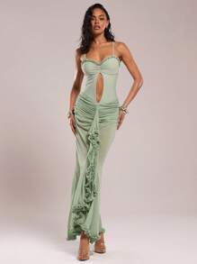 SHEIN BAE Women 2 Pieces Swimwear Set, Hollow Out Backless Bandage Bodycon One-Piece Swimwear+ Ruched Skirt, For Summer Beach Vacation/Country Concert Outfit - Green - View 6