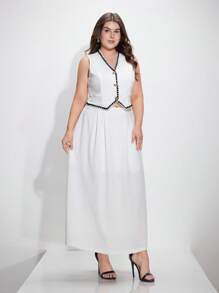 SHEIN MOD 大码 V 领无袖拼色系带背心和长款褶皱裙套装