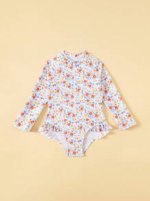 Young Girl Floral Print Long Sleeve Frill One-Piece Swimsuit - Multicolor - View 5