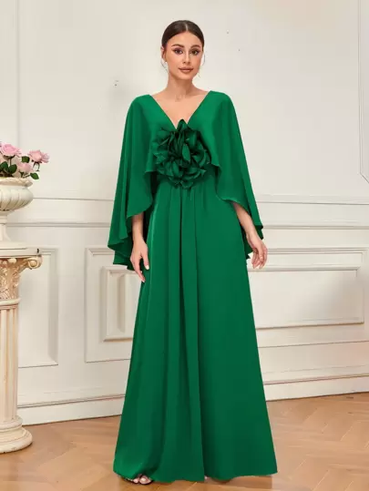SHEIN Belle Spring And Summer Elegant Green V-Neck Asymmetric Ruffled Sleeves Large Three-Dimensional Flower Decoration Waist Gathered A-Line Skirt Suitable For Vacation Dates Music Festival Old Money Bohemian Wedding Events Bridesmaid Dress