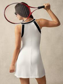 VARSITIE Round Neck Long Sleeve Color Block Mesh Patchwork Fitted Mini Tennis Dress - White - View 2