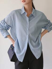 DAZY 女士宽松条纹长袖领口休闲衬衫，春夏
