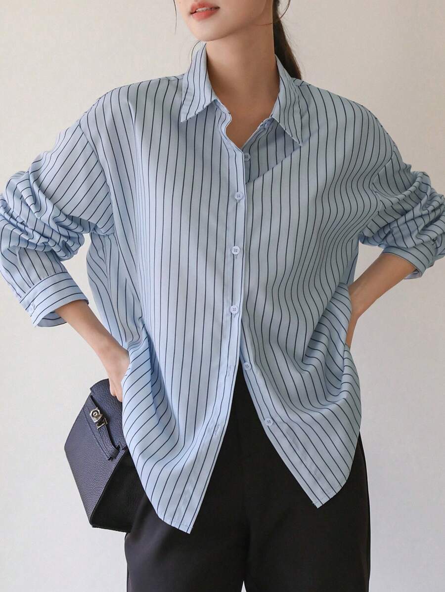 DAZY 女士宽松条纹长袖领口休闲衬衫，春夏