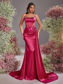 Glamrae Elegant Rose Red Tube Gorgeous Three-Dimensional Hot-Drilled Mesh On Both Sides, See-Through Slimming Hollow Fishtail-Shaped Side 3D Three-Dimensional Flowers Wedding Guest Dress, Suitable For Dates, Vacations, Graduation Back-To-School Season Wedding Events Dinner Dresses, Party Dress, Formal Dress, Evening Dress, Gown - Hot Pink - View 2