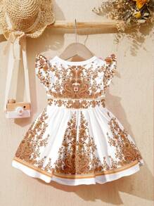 SHEIN 女婴时尚长袖碎花卡通印花连衣裙，可爱蝴蝶结装饰，百搭节日派对穿着 - 彩色 - 查看 2