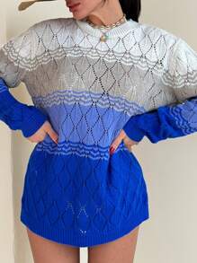 EURMUSE Women Diamond Pattern Hollow Out Round Neck Pullover